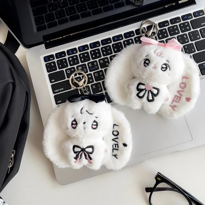 

Kawaii белый кролик плюшевый розовый черный кулон в виде животного кукла с бантом прекрасная игрушка с вышивкой мягкий милый подарок для девочек и детей