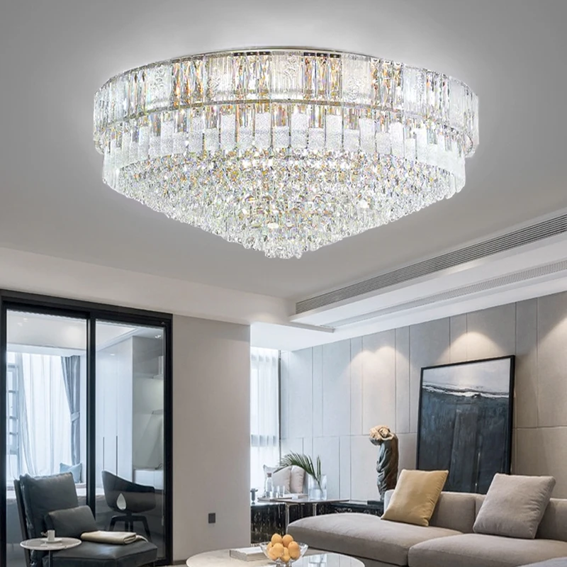 Luxury Crystal Silver LED Big Ceiling Lights for Dining Room Modern Home Decor New Ceiling Lamp Round Taper Lighting Lustres