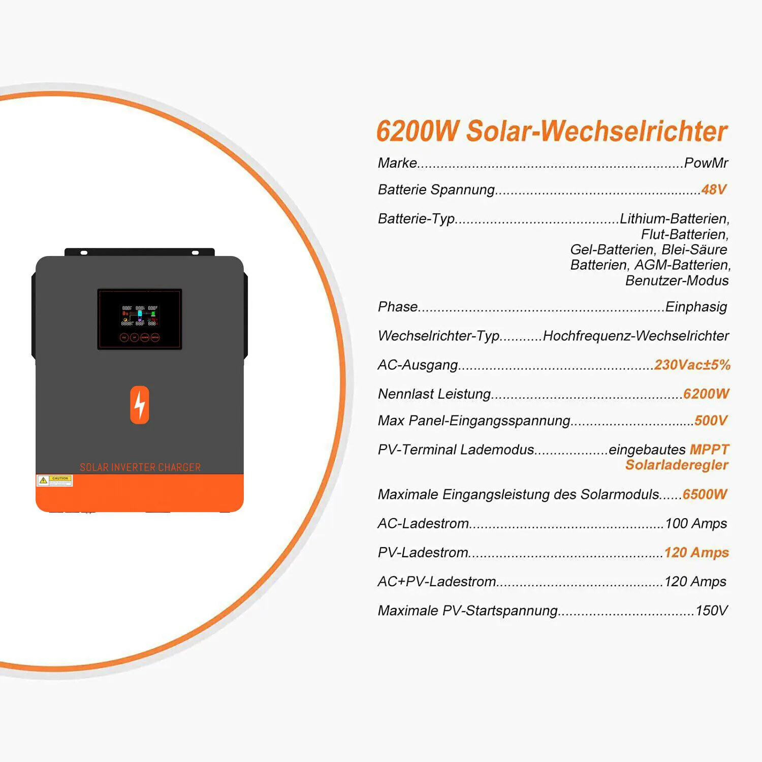 PowMr 6200W Hybrid Solar Inverter 48V Pure Sine Wave Solar inverter Off Grid 120A MPPT Solar Charge Home Energy Storage inverter