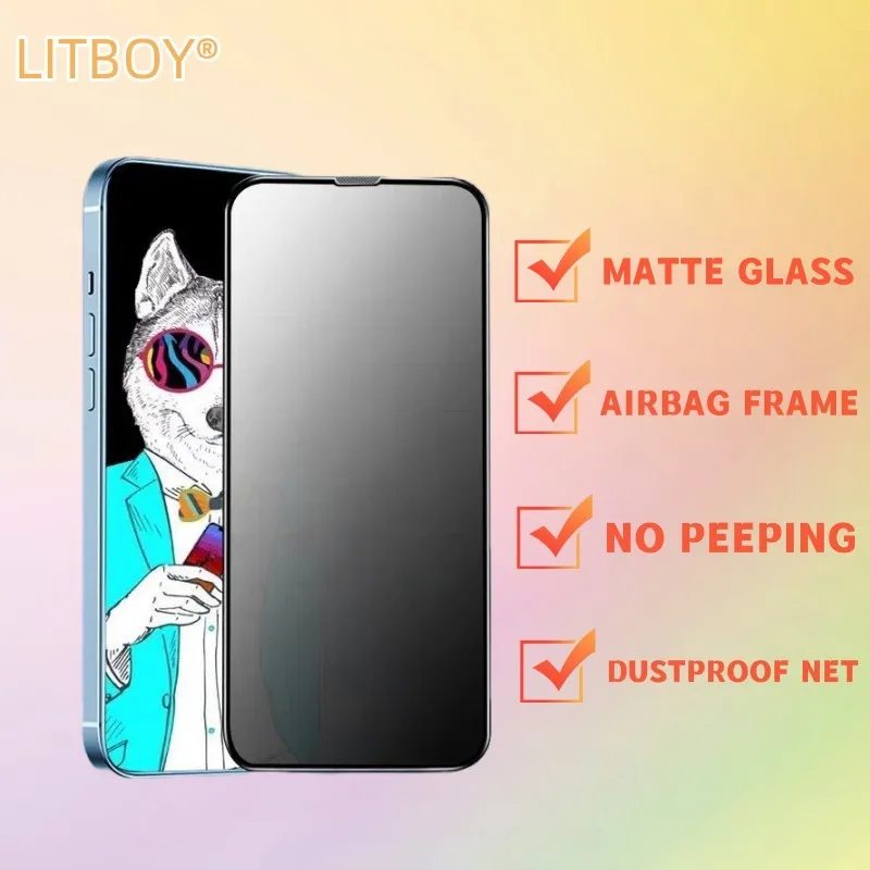 

Full Cover Matte Anti-Spy Glass For iPhone 14 13 12 11 PRO MAX Airbag Frame Dustproof Net Screen Protector For iPhone XS Max 15