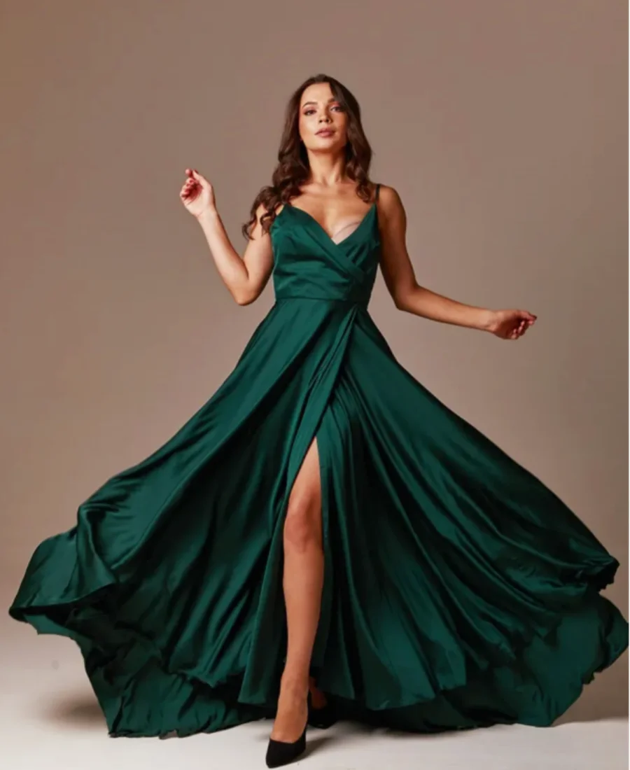 

V Neck Floor Length Prom Dress платья вечернее Emerald Green Silk Flared Wedding Guest Bridesmaid Dress Spaghetti Straps Deep