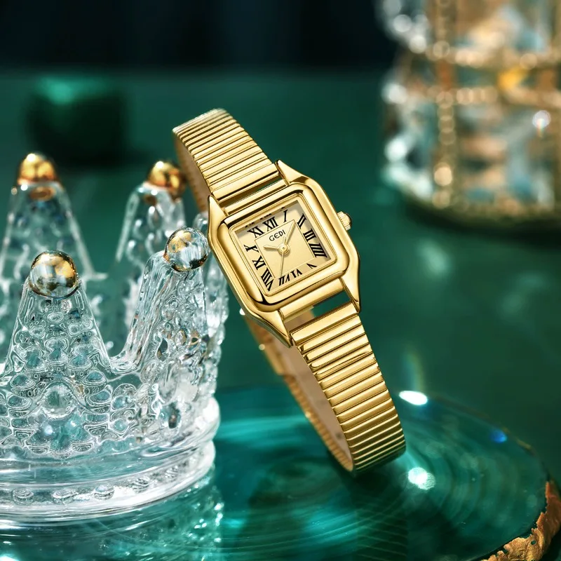 

Классические женские часы с квадратным циферблатом, ретро-дизайн, золотистая отделка, кварцевые, модные, элегантные, подарок для женщин