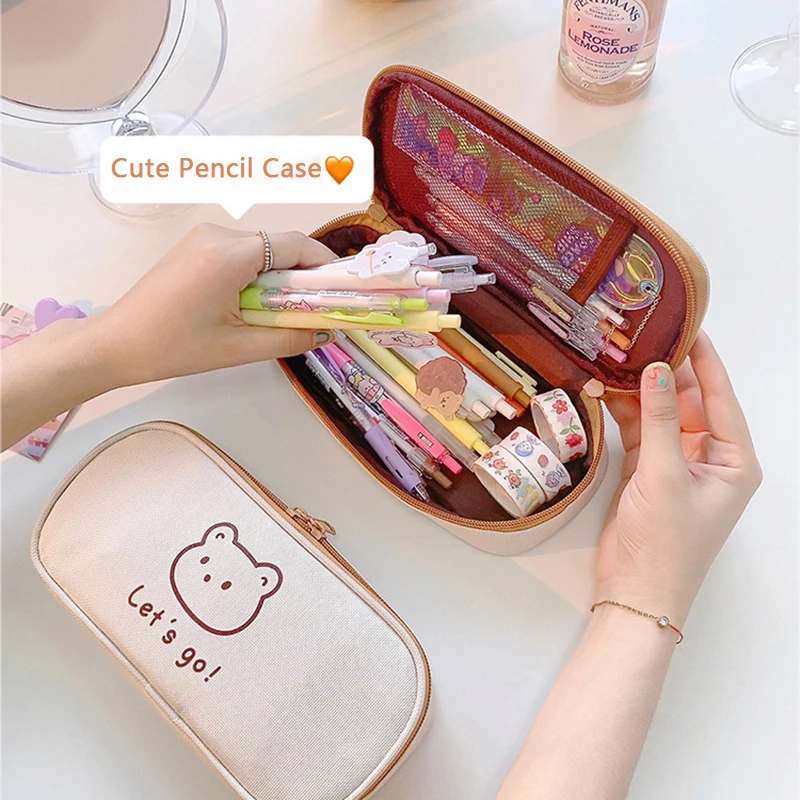 kawaii canvas lapis case para meninas e meninos lapis urso dos desenhos animados pen bolsa caixa de lapis grande capacidade bolsa papelaria presente 01