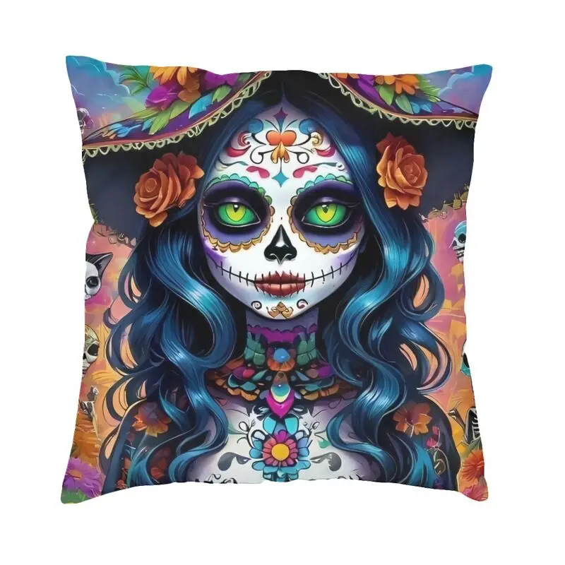 Day Of The Dead Cat Woman Skull Cushion Cover Two Side Printing Floor Pillow Case for Sofa Fashion Pillowcase Home Decoration