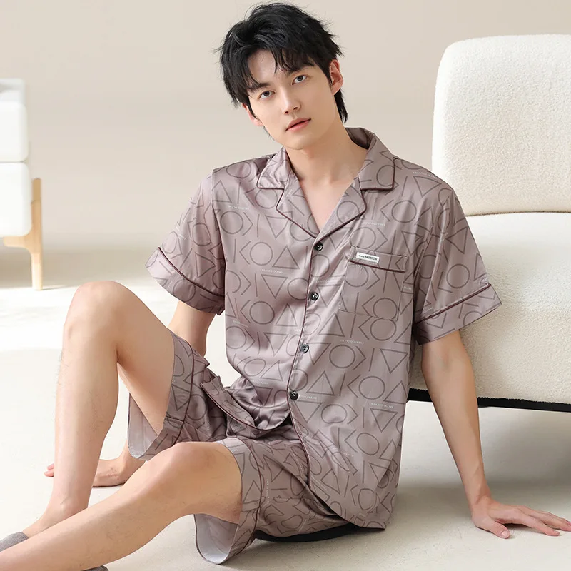 New Summer Cardigan Man Pajamas Ice Silk Fashion Sleepwear for Men 3XL 4XL Leisure Casual Nightwear Pijamas Set pyjama homme