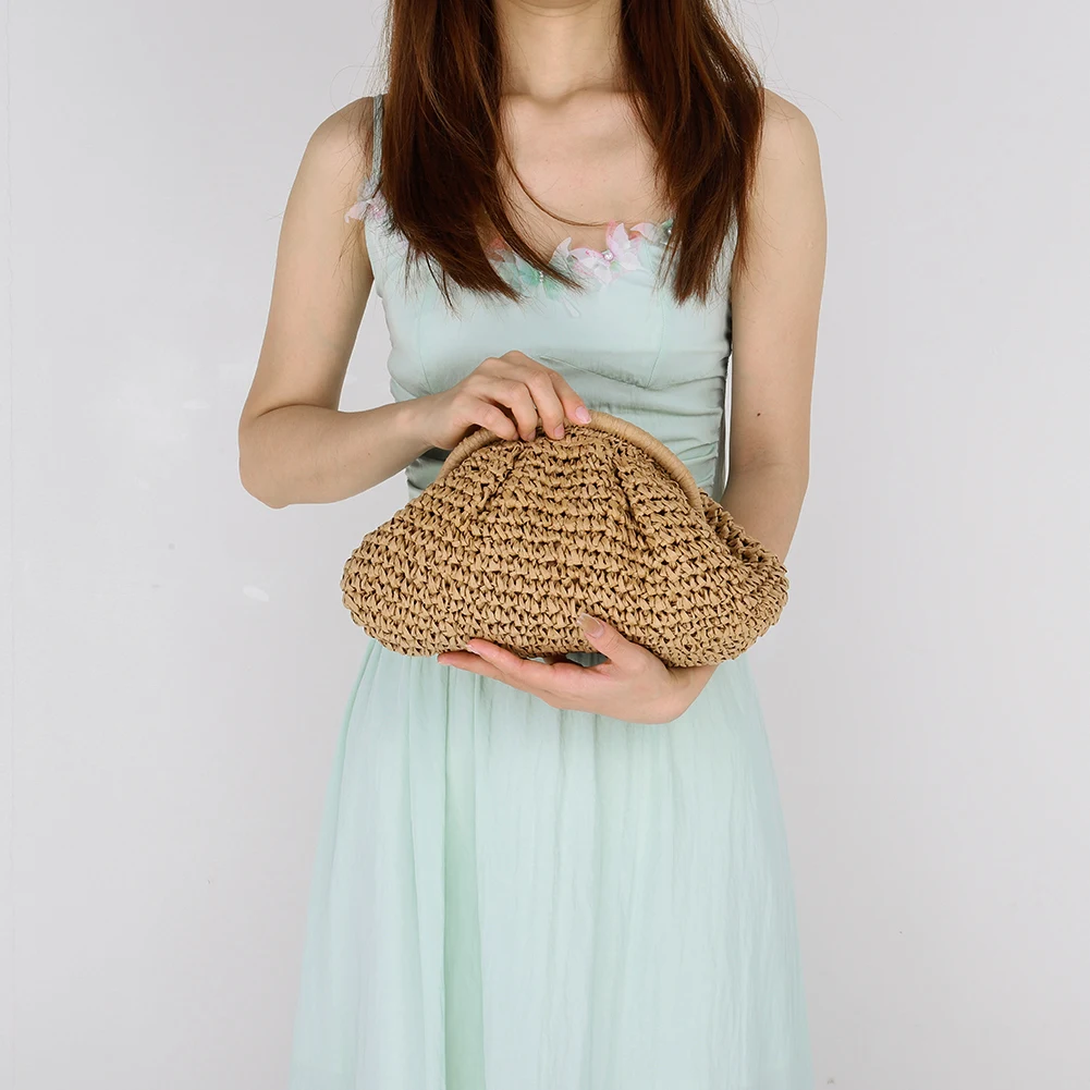 Women Straw Woven Bag Chain Strap Straw Clutch Purse Large Capacity Stylish Crossbody Bag Solid Color for Outdoor Travel