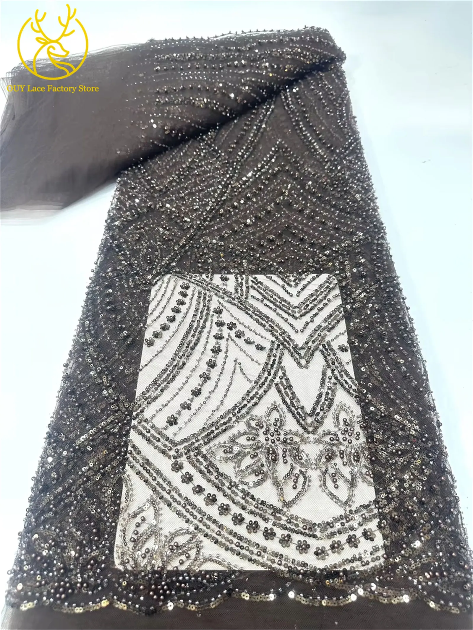 Luxuriöser orangefarbener afrikanischer Perlen-Mesh-Spitzenstoff, 5 Yards, bestickte Pailletten-Spitze, französische Tüllspitze für nigerianisches Hochzeitskleid – Detail 21