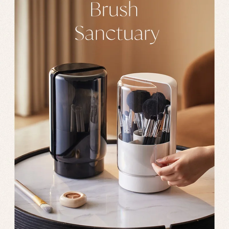 Storage Bucket Rotating Dustproof Storage Bucket Flip Clear Storage Bucket Desktop Makeup Brush Cosmetic Tool Organizer