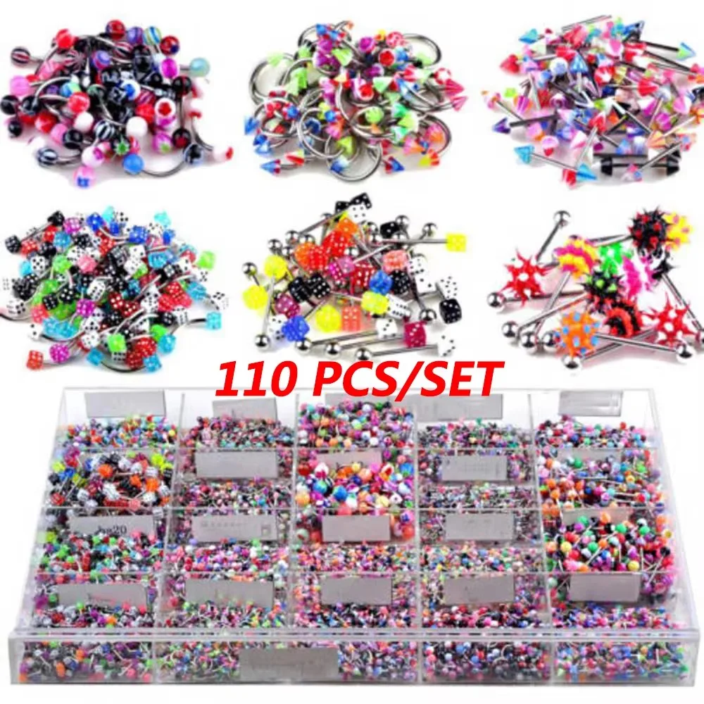 110pcs Mixed Lip Eyebrow Belly Tongue Nipple Bar Ring Sexy Vintage Piercing Studs Multicolor Body Piercing Jewelry For Woman Man