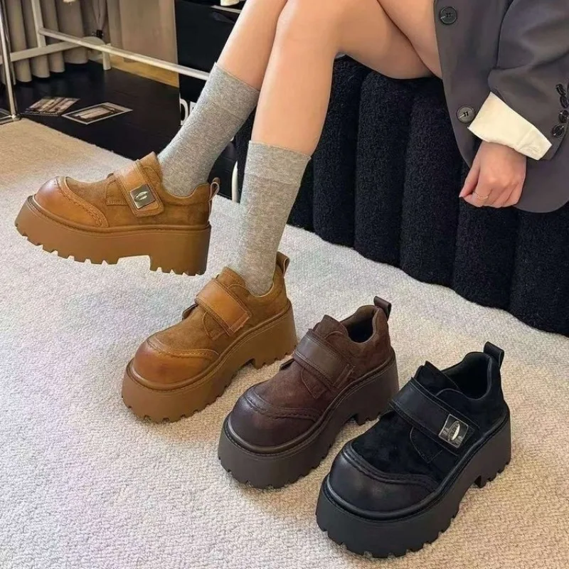 Girls Vintage Brogue Platform Loafers,  Suede‑Leather Splicing Round Toe Chunky Lug Sole Height‑Increasing Casual Shoes