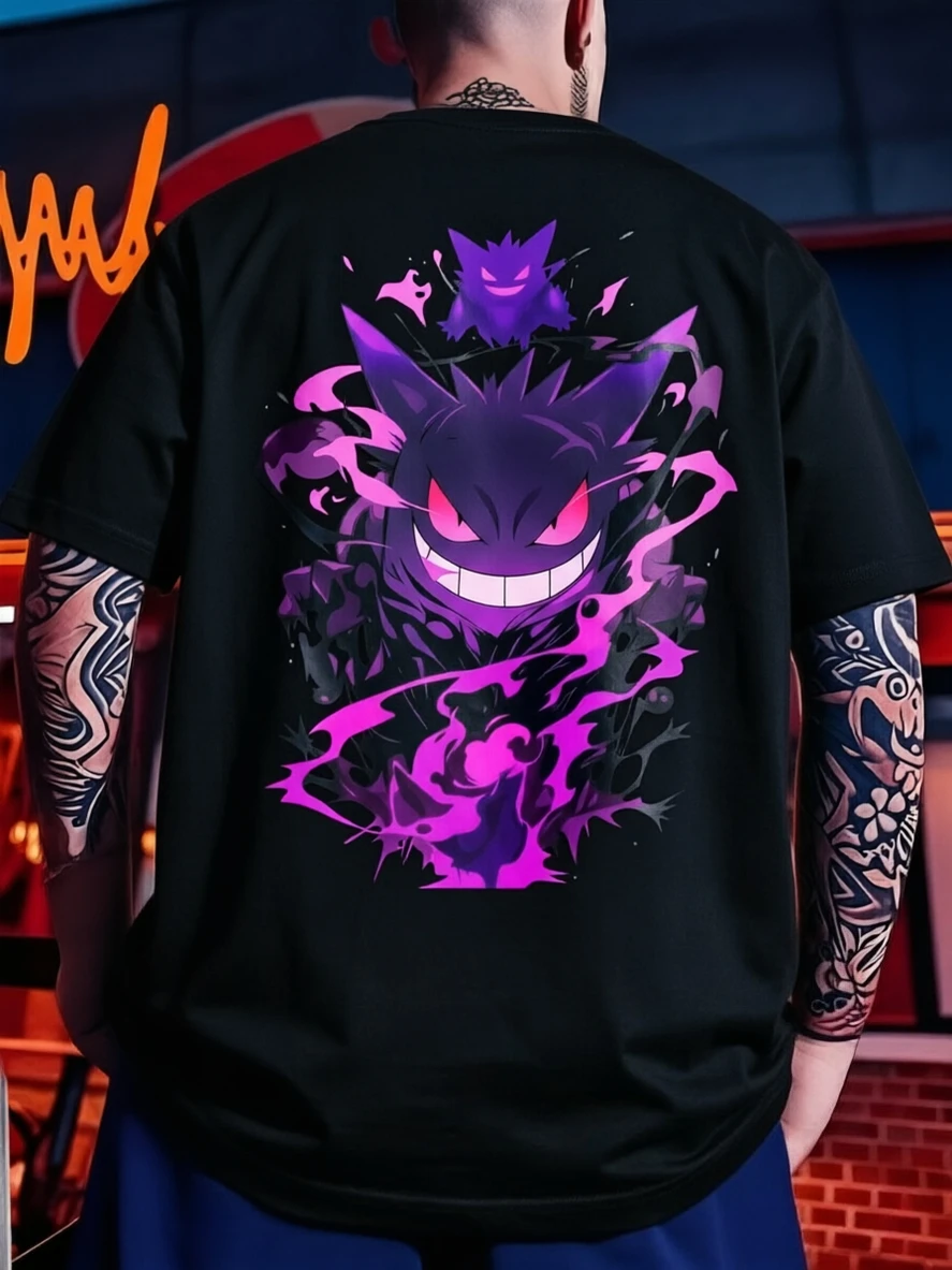 Pokemon Gengar Dark Purple Flame Anime T-Shirt Men Streetwear Oversized Short Sleeve Cotton Tees Unisex Casual Tops
