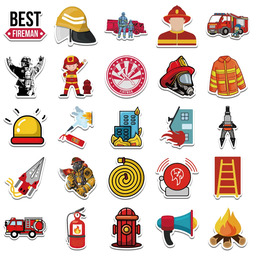 52PCS Firefighter Sticker Brave Fireman Fire Trucks Stickers DIY Laptop Phone Water Bottle Teaching Board for Boys Girls Kids