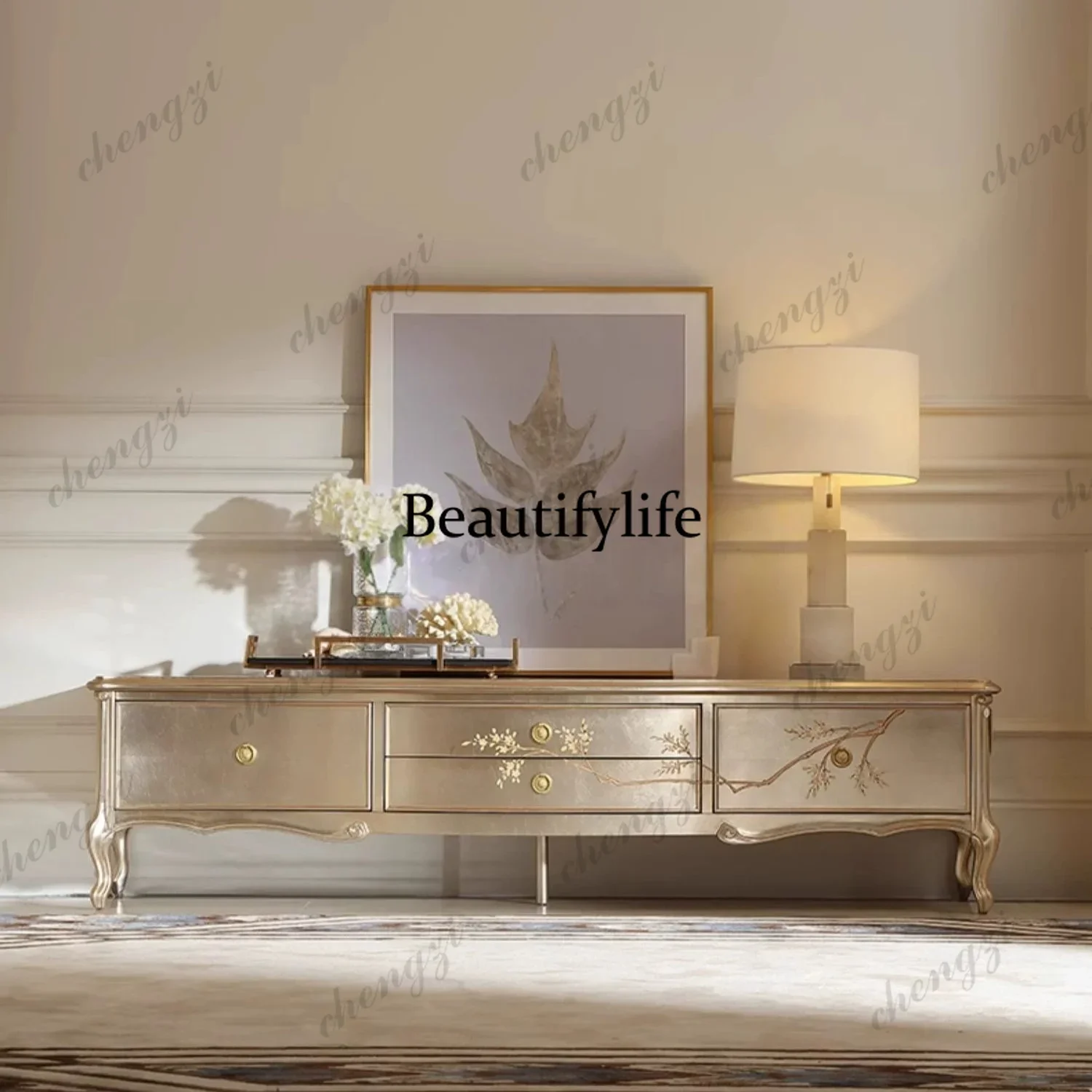Y136 French light luxury solid wood TV cabinet high-end storage cabinet European palace sticker silver foil hand-painted side ca