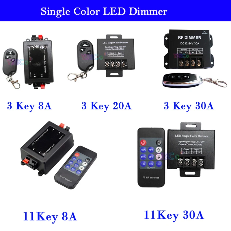 12V 24V Single Color LED Dimmer 3Key 11Key wireless Remote 8A 20A 30A Dimming Switch Controller for single color LED Strip Tape