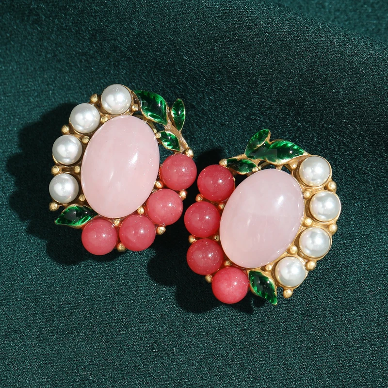 

Vintage Natural Stone Stud Pink Earrings For Woman Oval Gold Color Rhinestone Quality Luxury Jewelry Designer Gifts Accessories