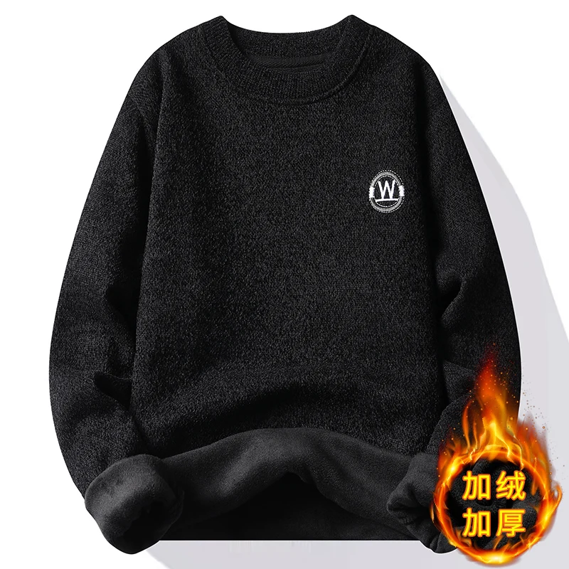 New Men's Sweaters in Autumn and Winter Men's Sweaters with Velvet Padded Slim Young Round Neck Sweater