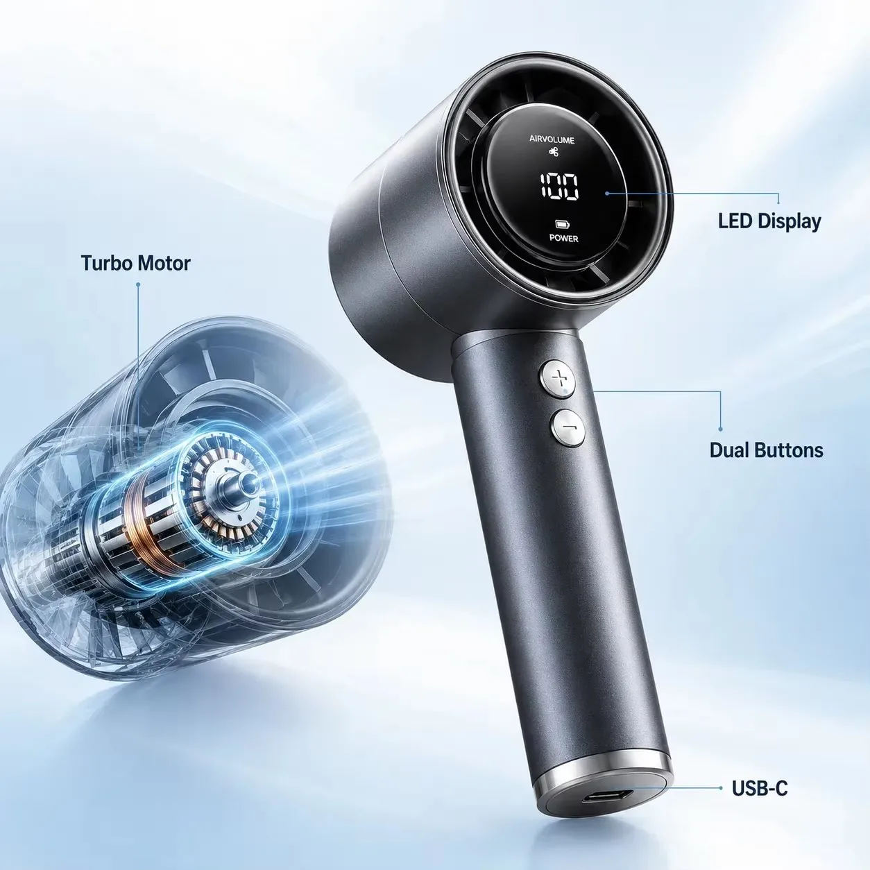 Handheld Portable Fan Mini Air Cooler LED Display USB Rechargeable 5 Speeds Adjustable Efficient Cooling Quiet for Outdoor
