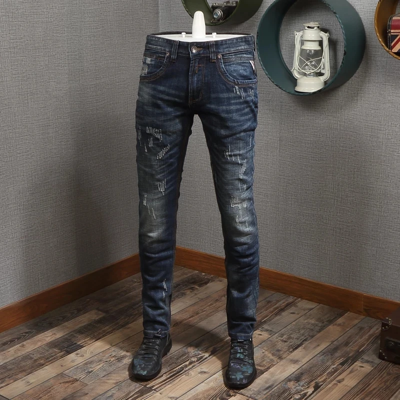 

Fashion Designer Men Jeans Retro Washed Blue Stretch Slim Fit Vintage Ripped Jeans Men Italian Style Casual Denim Pants Hombre