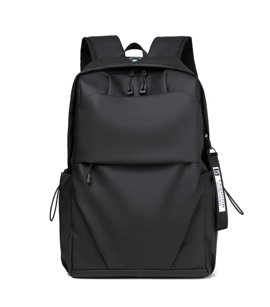 Black Minimalist Backpack With Front Slip Pocket Built In USB Port Fashion Label Tag For Daily Use School And Casual Trips