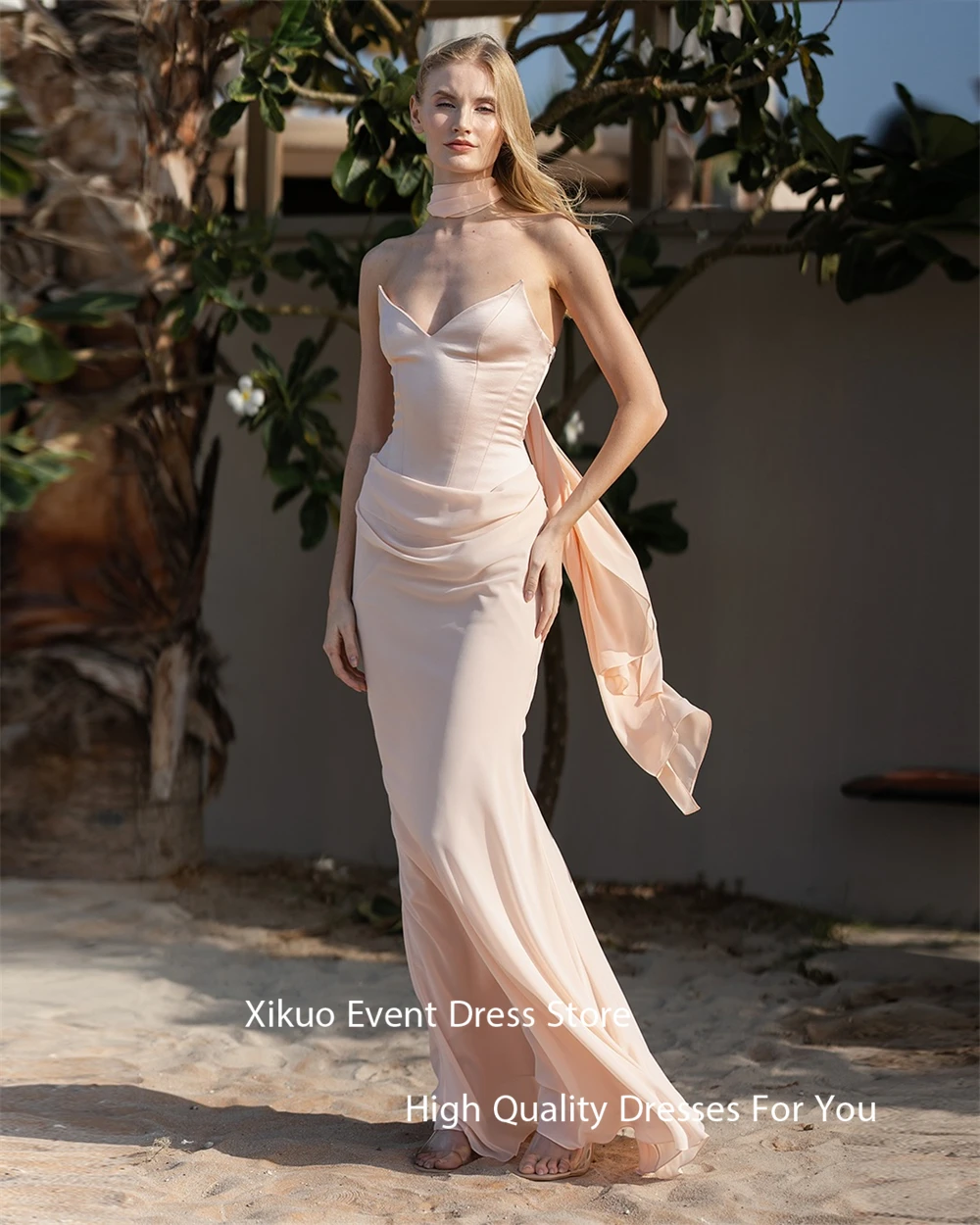 Xikuo Mode Rosa Chiffon Abendkleider Sommer Schatz Plissee Vestidos De Fiesta Lange Meerjungfrau Prom Party Kleider Angepasst