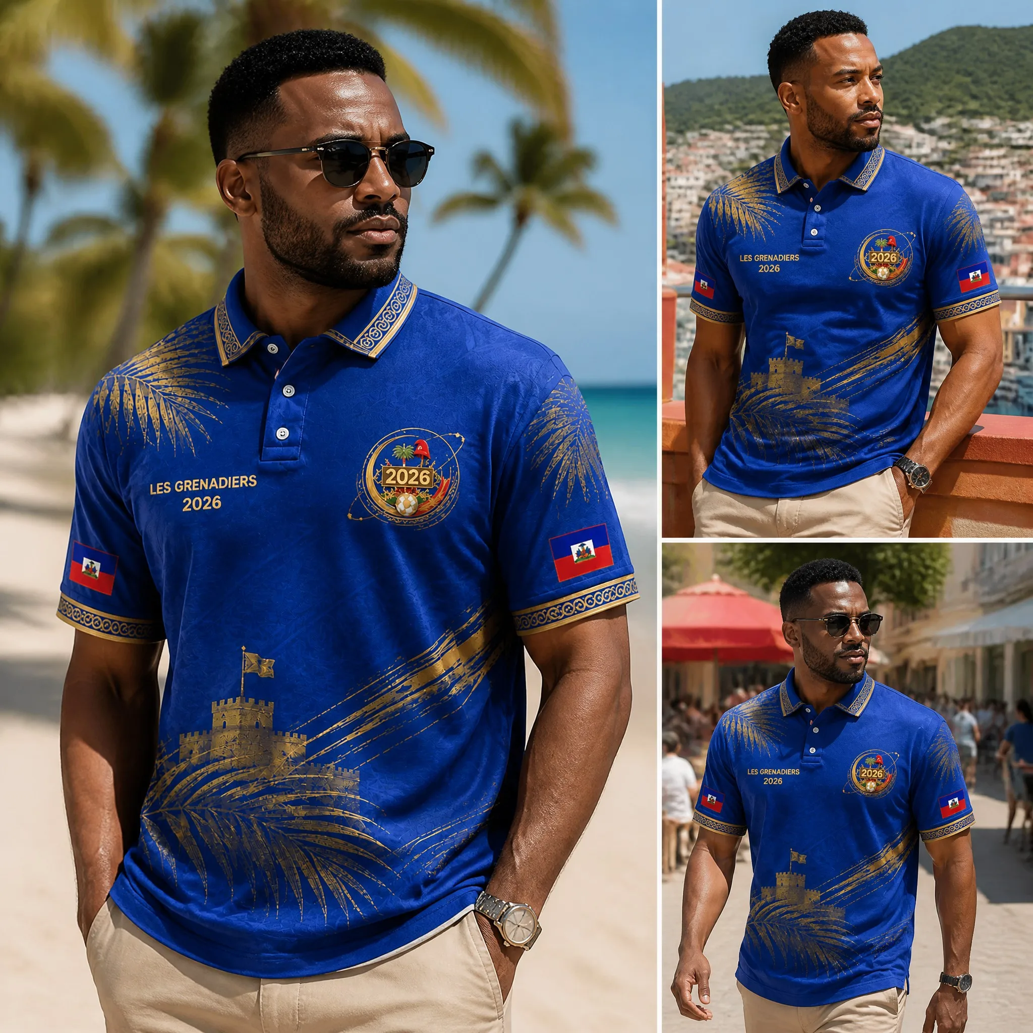 Mens Les Grenadiers Graphic Polo Shirt Short Sleeve Blue Lapel Collar Gold Print Casual Summer Streetwear Top 2026 Classic Style