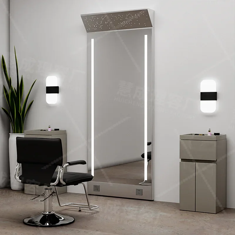 Modern minimalist trendy perm and dyeing mirror for hair cutting, floor-to-ceiling full-body mirror with light