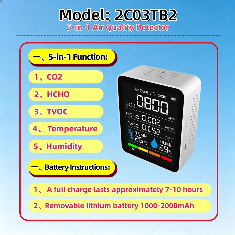 Multi functional air quality detector with CO2, TVOC, HCHO, temperature and humidity 5 in 1 function