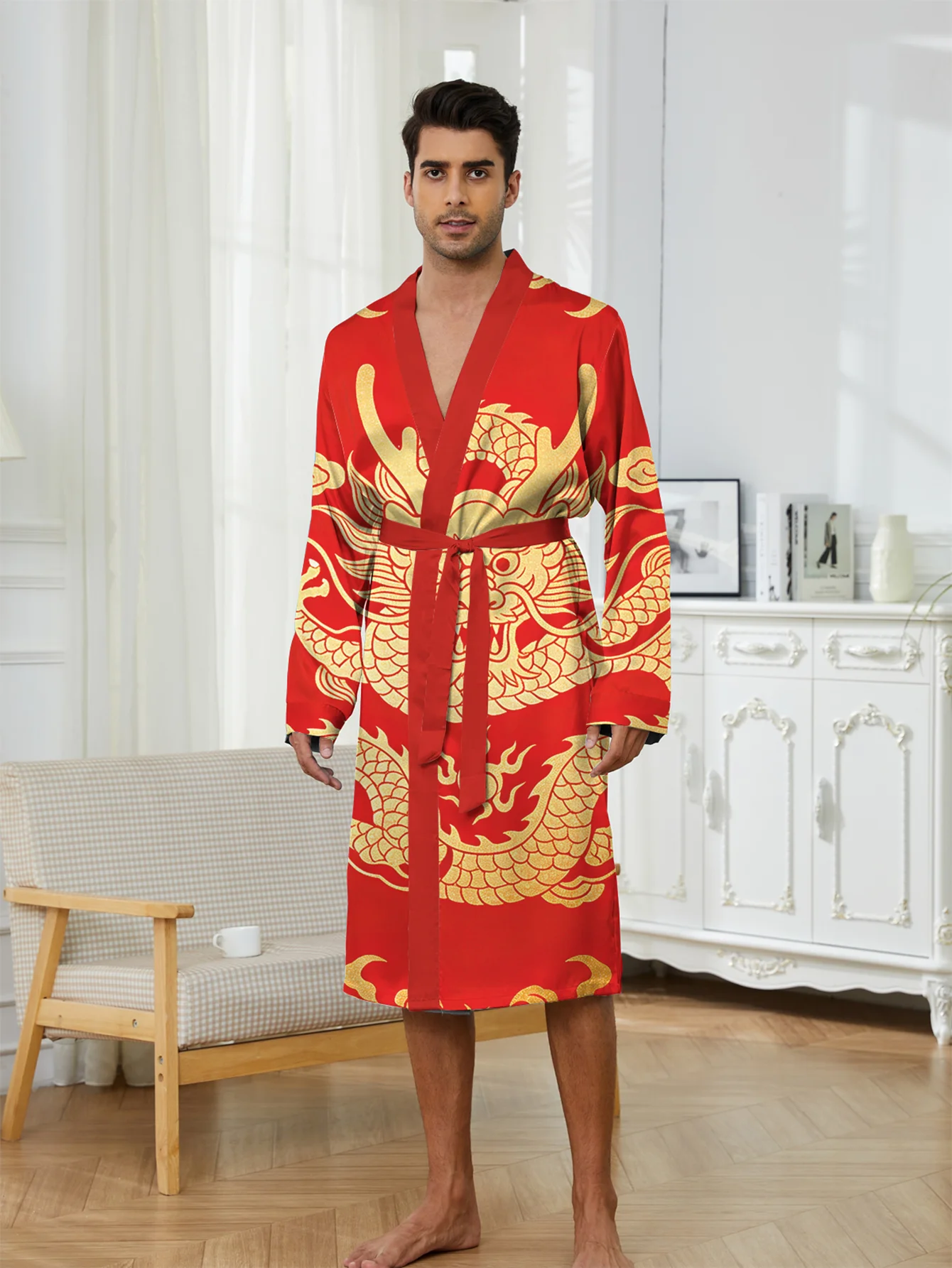 Men's trendy Bathrobe men, Spring and Autumn quick drying digital printed casual comfortable long Shower robe pajamas.