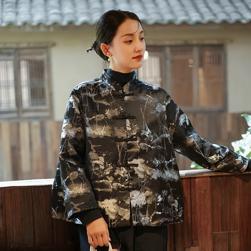 

2025 Autumn Neo-Chinese Jacket: Satin Brocade, Retro Women's Top.