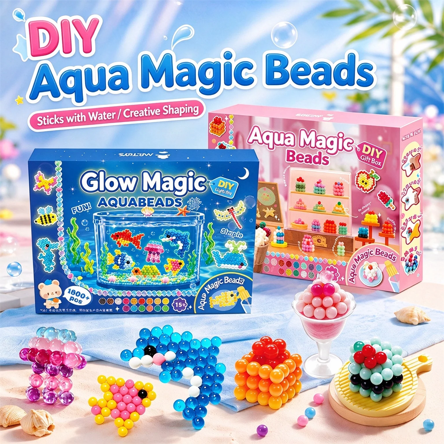 New Glow in Dark Water Fuse Beads Kit DIY Dessert & Ocean Animal Magic Water Beads Craft Set Kids Handmade Toy Christmas Gift