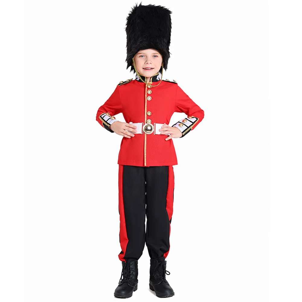 

Royal Palace Guard Costume for Boys British Red Suit with Bearskin Cap Dress Up Royalty Cosplay Set with Coat Pants Belt Hat
