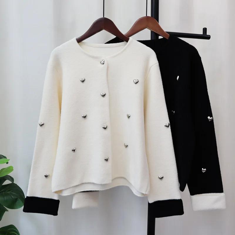 [EWQ] Long Sleeve Contrast Colors Sequined Heart Knit Cardigan Casual Fashion Women Sweater Coats Winter 2024 Autumn New 16O1734