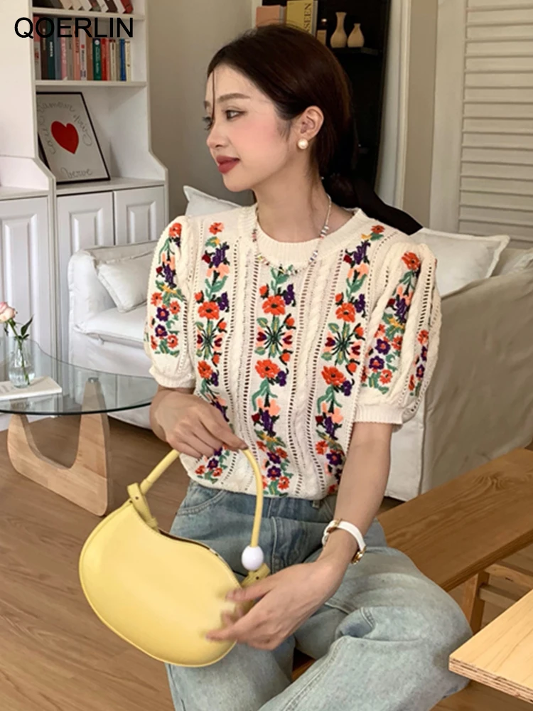 QOERLIN Embroidered Floral Pullovers Women O-Neck Short Sleeve Loose Summer Elegant Knitwear 2023 New Vintage Hollow Out Soft