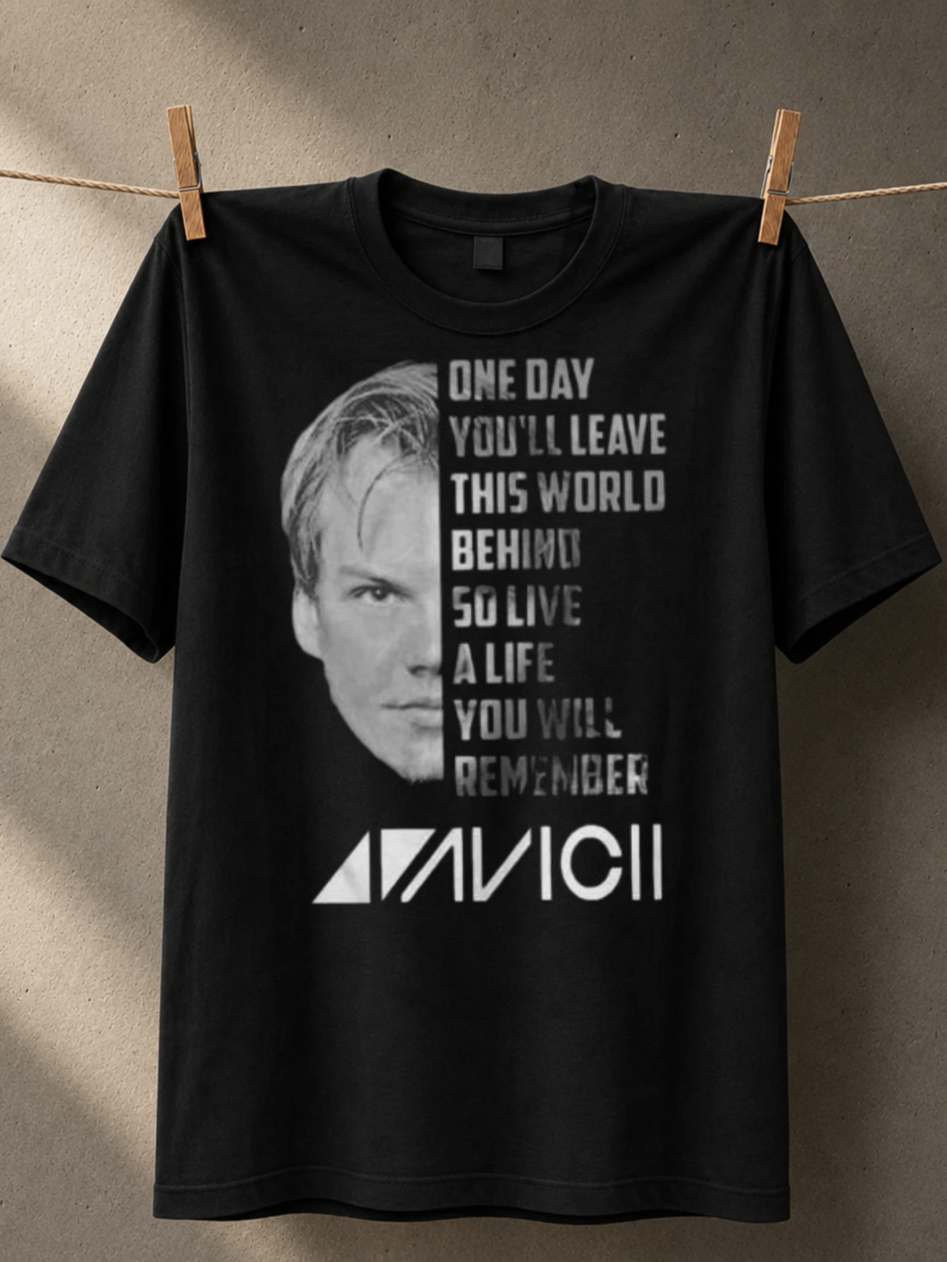 Avicii half face portrait with One Day quote and logo grayscale memorial typography with moody  Unisex All T-Shirt