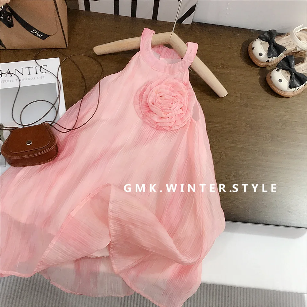 Korean girls French neck three-dimensional flower dress medium and large children's sleeveless fairy vacation princess dress
