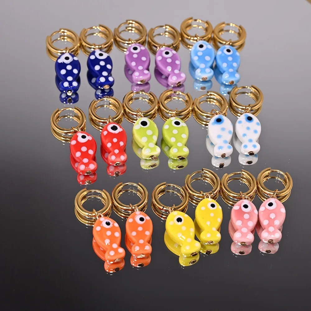 Cute Sweet Summer Dopamine Colorful Ceramic Little Fish Pendant Gold Color Stainless Steel Hoop Earrings for Women Jewelry Gifts