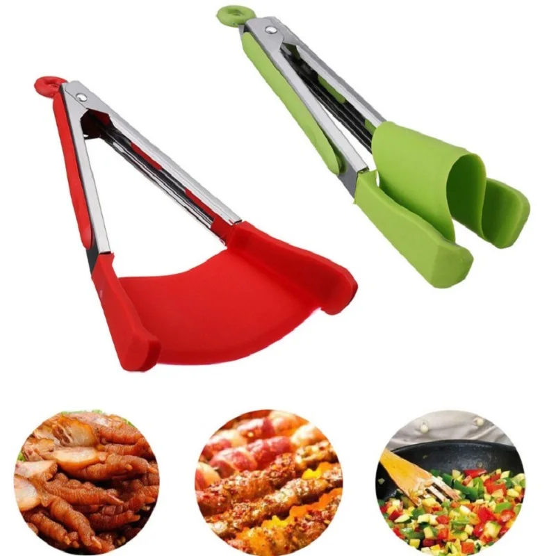 

K-STAR New Non-Stick Heat Resistant Stainless Steel Frame Tongs Gadget 2 In 1 Kitchen Spatula And Tongs Silicone Clip Bread Clip