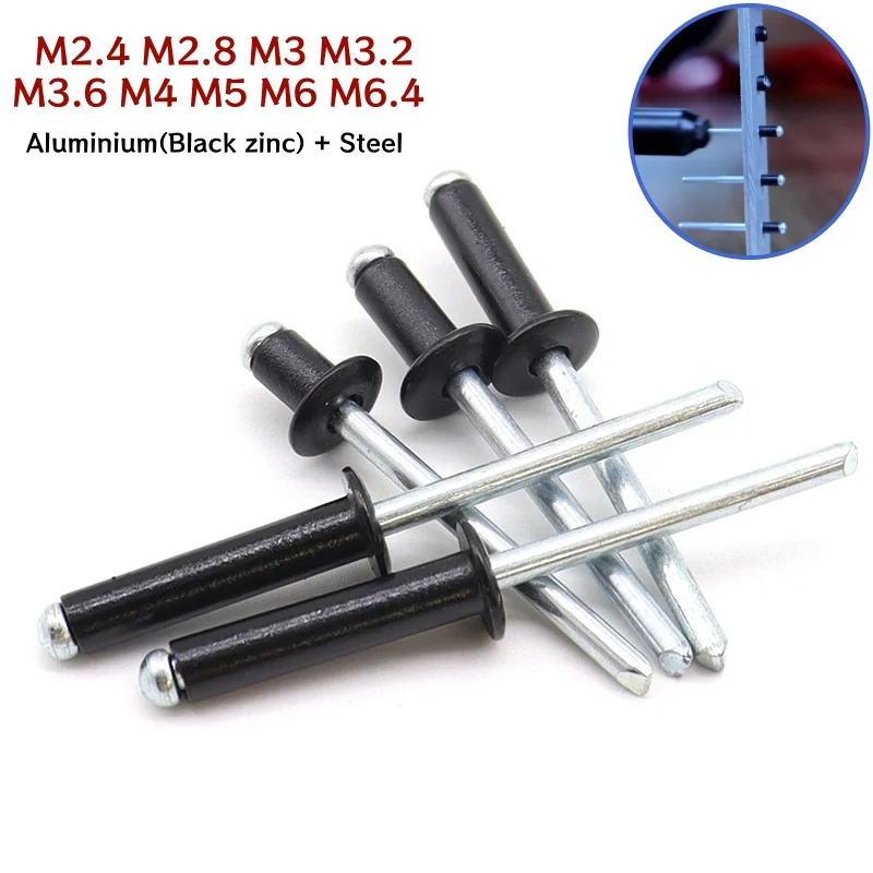 Black Pop Rivets Aluminium M2.4~M6.4 Dome Head Blind Rivets Steel Shank Mandrel Exhaust Rivets Pull Nail Home Decor Fasteners