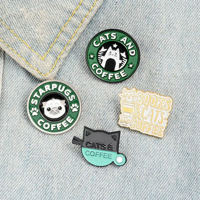 Pin esmaltado de café para gatos, broches personalizados de Pug, cachorro, gato, café, insignias, bolso, camisa, Pin de solapa, hebilla, joyería de animales bonita, regalo para amigos