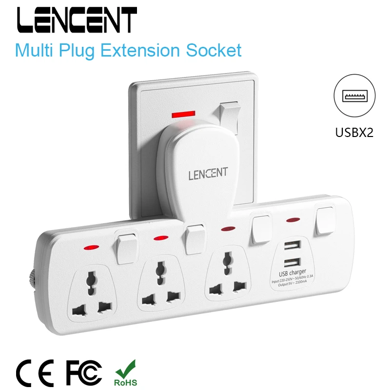 LENCENT Multi Plug Extension Socket with 3 AC Outlets 2 USB Ports Extension Universal Plug Adapter with Switch for Home Office