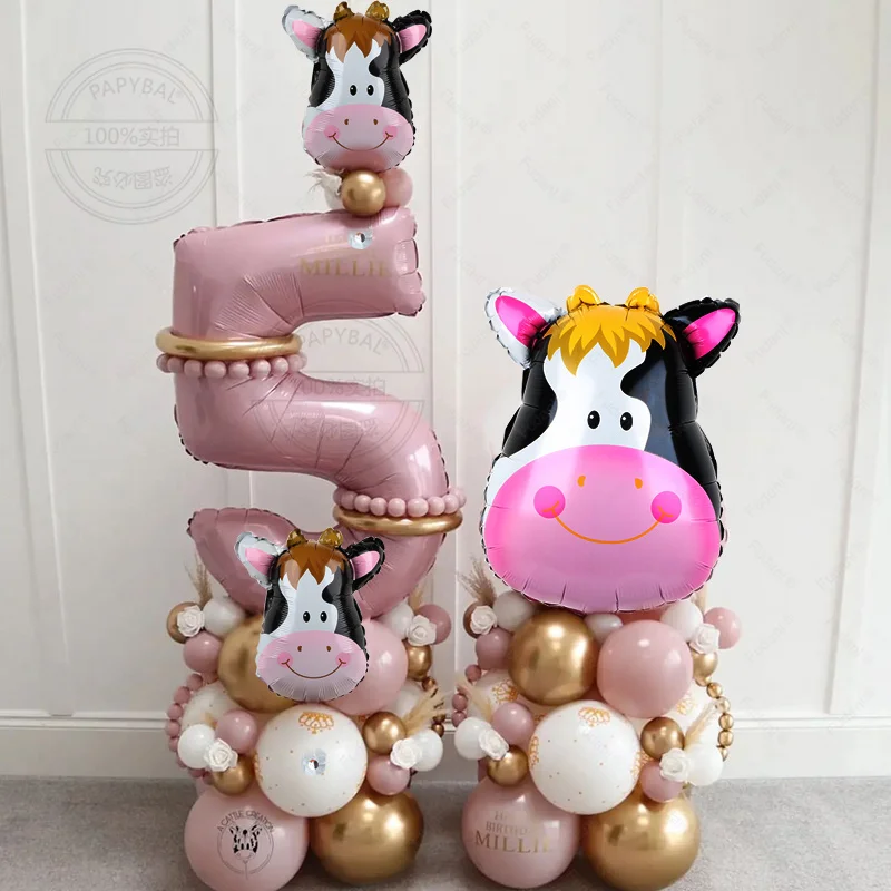 

70pcs Cow Birthday Balloon Set Pink Number Foil Ball With Farm Theme Party Decoration Kids First Birthday Baby Shower Decoration