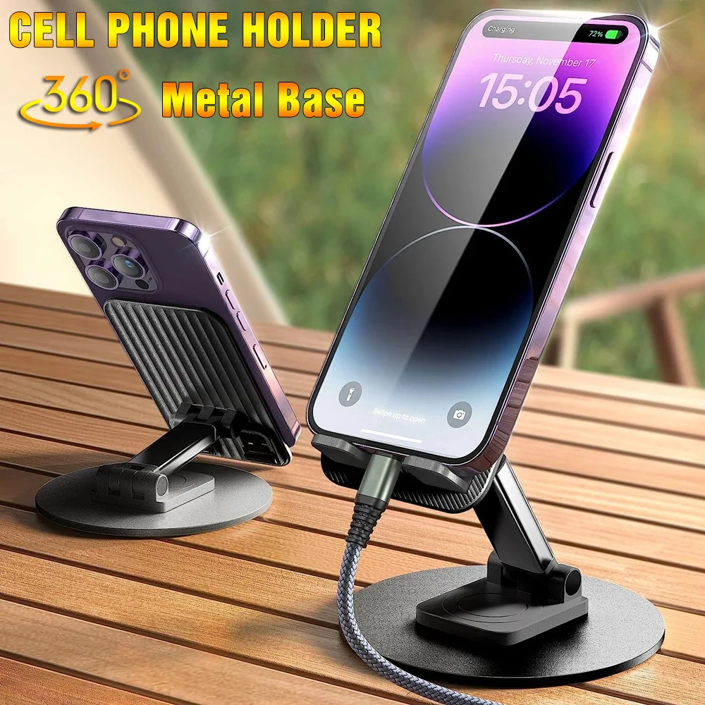 360° Rotating Universal Phone Stand Multi-Angle Foldable Desk Metal Cell Phone Holder Base for iPhone13 14 15Pro Xiaomi Samsung