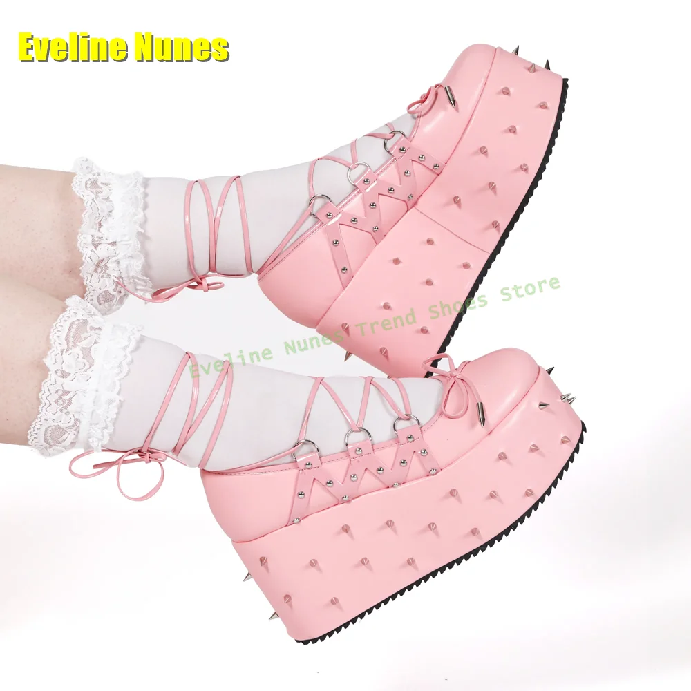 

Розовые туфли-лодочки на шнуровке с бантом, милые туфли-лодочки с круглым носком, балетная платформа, толстая подошва с шипами, женские туфли Мэри Джейн, тренд платья 2024.