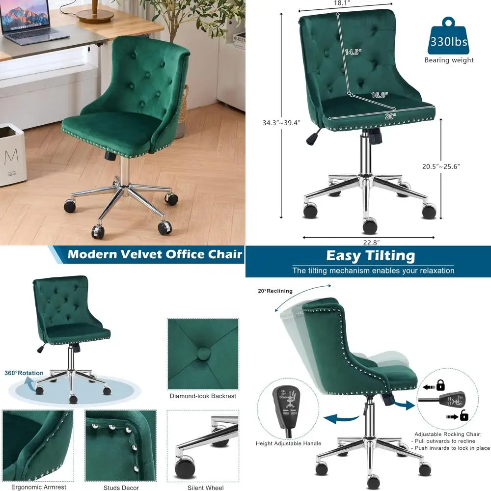 Gold Base Upholstered Armless Desk Chair for Home Office, Small Vanity Seat with Backrest for Bedroom Makeup Area