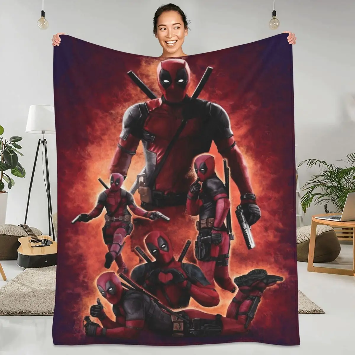 Miniso Cartoon Anime Deadpool Blanket American Film Soft Warm Funny Plush Throw Blanket For Bedroom Flannel Bedspread Bed Cover