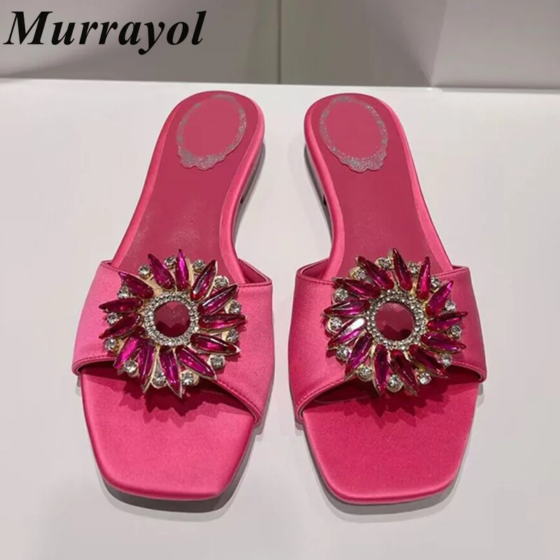 

Open Toe Flower Rhinestone Decor Slippers Women One Strap Solid Color Satin Flat Slippers Summer Vacation Shoes Dress Shoes