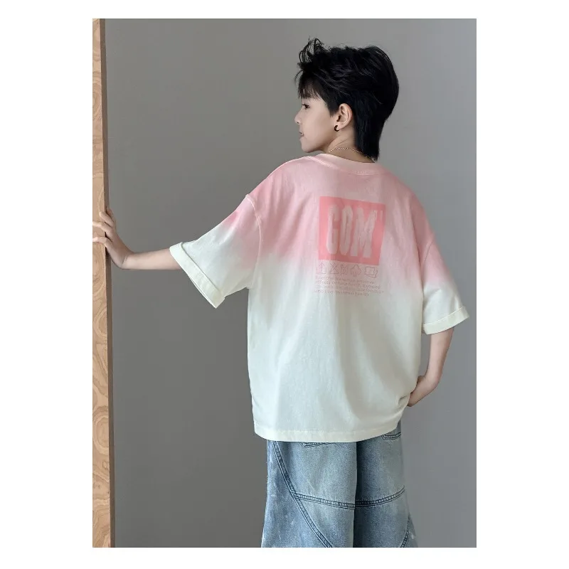 Boys Trendy Brand Pink and White Short-sleeved T-shirt 2026 Summer New Loose and Versatile Korean Version Casual Top