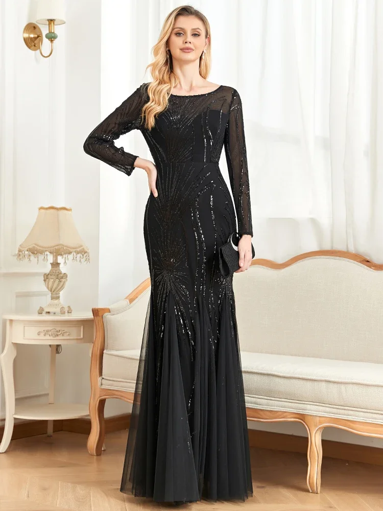 Элегантные черные вечерние платья с длинными рукавами и блестками 2025, женское вечернее платье русалки макси для выпускного вечера, коктейльные выпускные платья