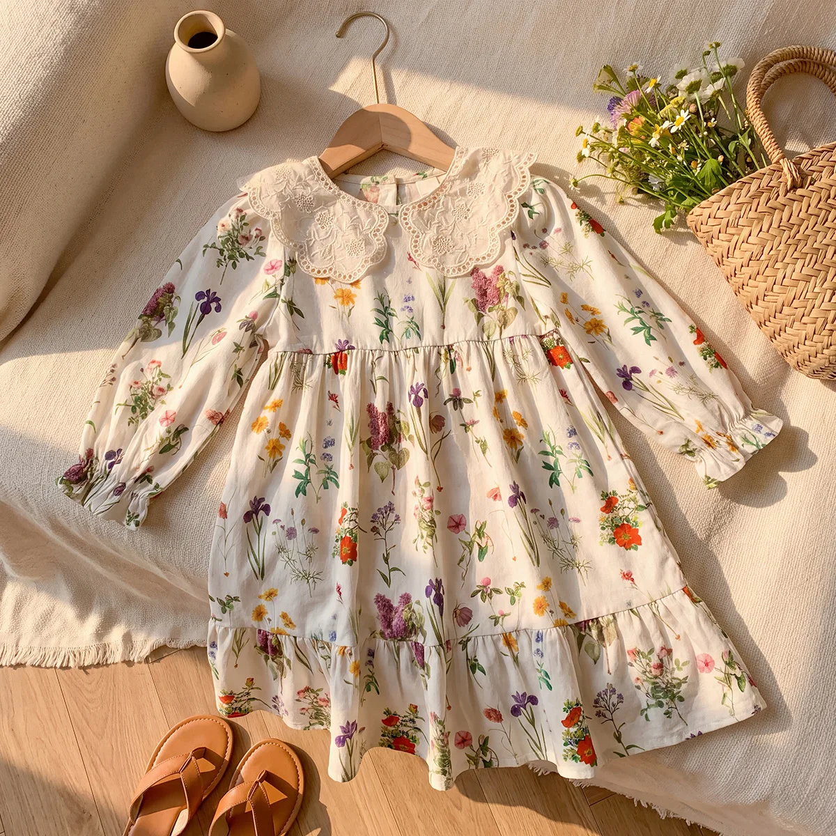 Girls Korean‑Style Floral Dress with Lace Collar Sweet Long‑Sleeve Kids Dress 2026 Autumn New Children Outfit
