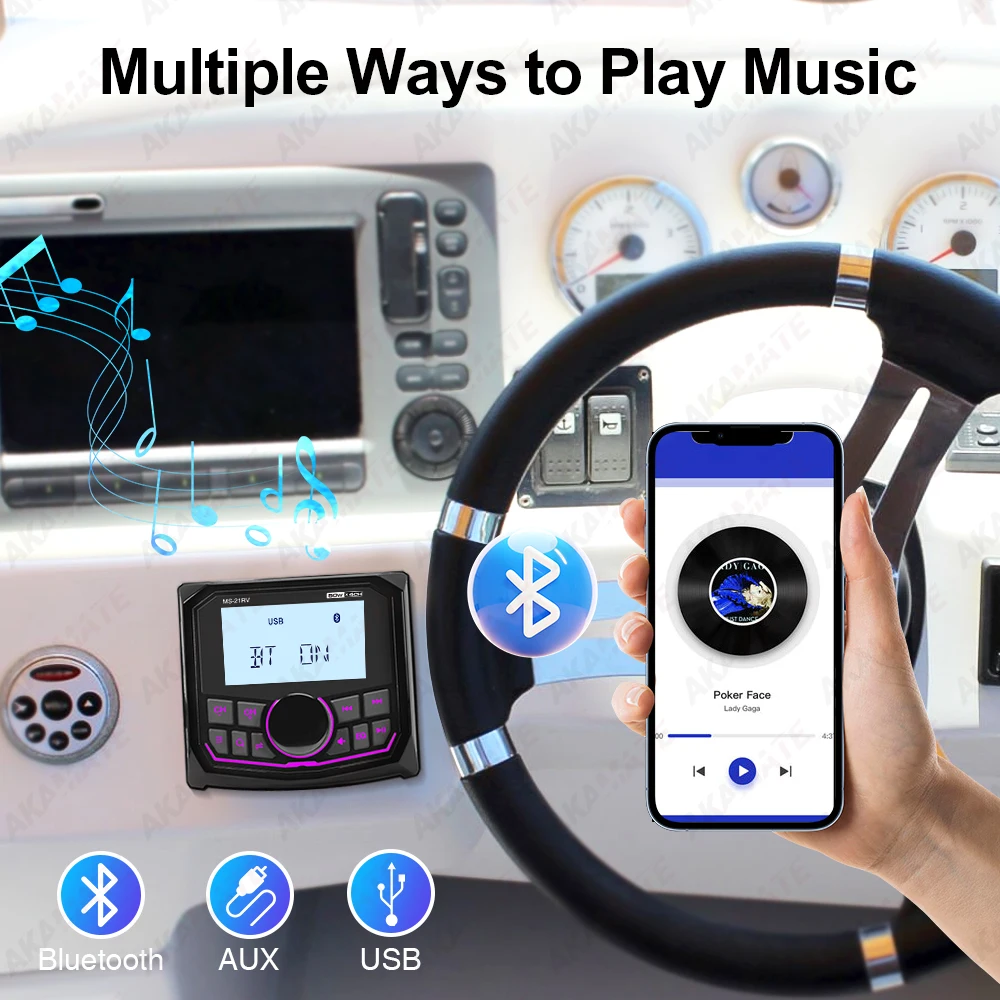 Marine Radio MP3 Player Waterproof Bluetooth AUX FM AM Music Media Video Player Colour Backlight for Harvesters ATV UTV SPA RZR